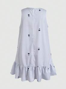 SHEIN Teen Girls' Round Neck Blue & White Striped Casual Summer Dress With Ruffle Hem - Blue - View 5