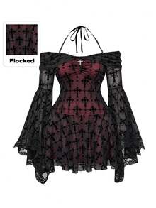 ROMWE Đầm cỡ lớn kiểu Gothic họa tiết ren jacquard hình chữ thập, tay xòe, cổ yếm, màu đen và đỏ tía, tay dài cỡ lớn cho mùa thu/đông, đầm maxi cỡ lớn in hình chữ thập dự tiệc Halloween, đầm cỡ lớn mùa thu/đông. - Nhiều màu - Xem 1