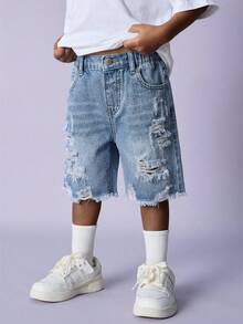 SHEIN Young Boy New Fashion Distressed Casual Basic Ripped Frayed Loose Fit Blue Denim Jeans Shorts Spring Summer,For Kids Boys Spring/Summer Dailywear,Boys Streetwear,Beach Vacation For Boys,Boys Summer Boho,Casual For Boys ,Graphic Jeans Boys, Shorts,4-Year-Old Boys Short,Summer Short,Casual Short - Light Wash - View 4