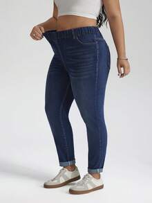 SHEIN Tall CURVE 大码弹力腰紧身牛仔裤，休闲夏季优雅日常穿搭，大码高弹力修身弹力腰百搭日常牛仔裤 - 深色水洗藍 - 查看 6