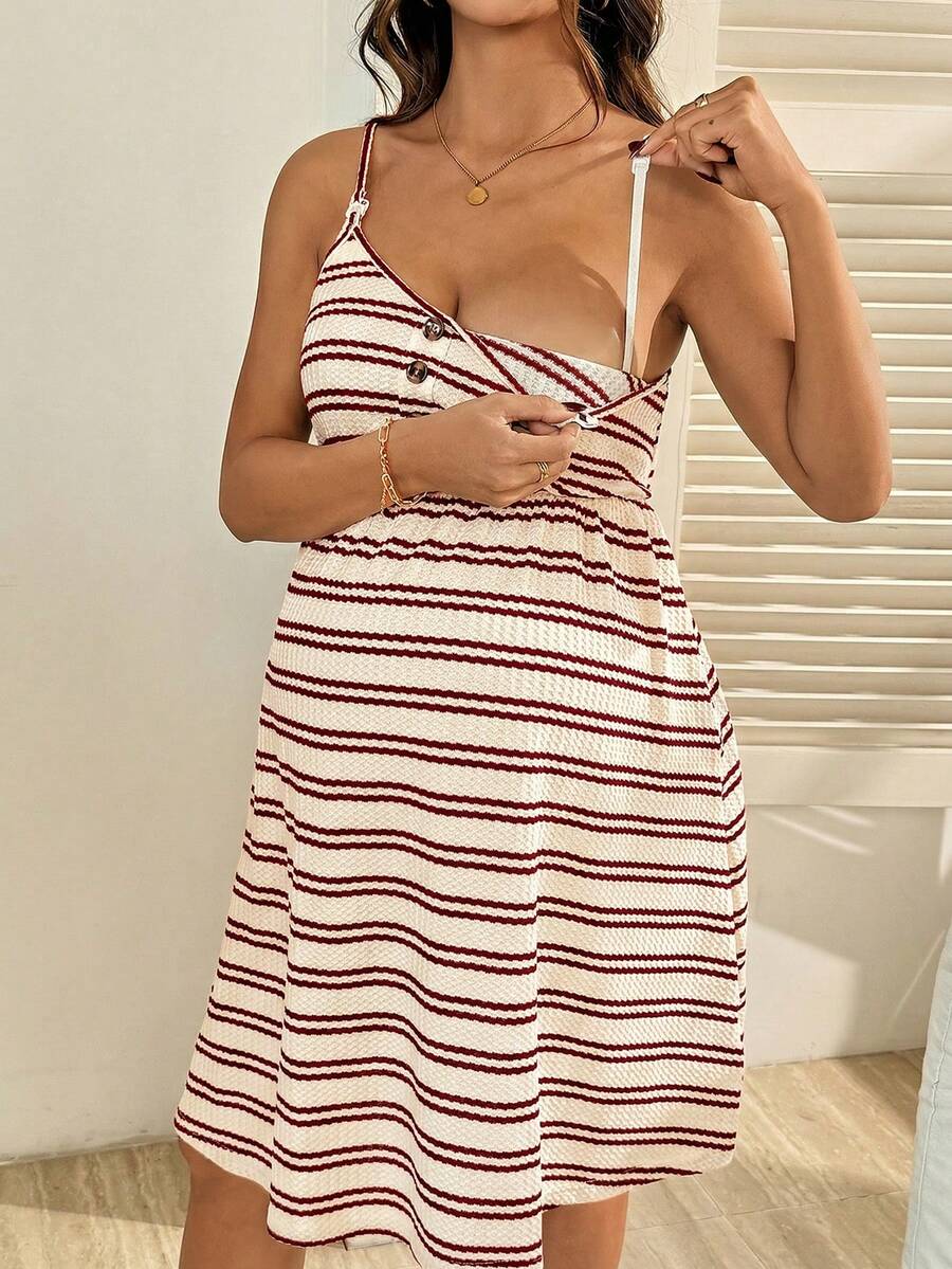 SHEIN 孕妇条纹连衣裙，兼具哺乳功能，适合聚会和外出休闲穿着 - 杏色 - 查看 1