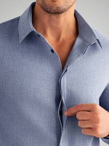 Manfinity Bizformal Áo sơ mi nam dài tay cài cúc phía trước, phối hai tông màu, chất liệu lưới, kiểu dáng công sở thường ngày. - Màu xanh lam - Xem 4