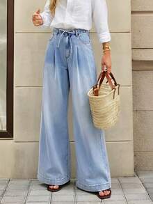 Selenza Pantalones vaqueros de pierna ancha con cintura plisada elegante para mujer, de verano - Lavado ligero - Ver 7