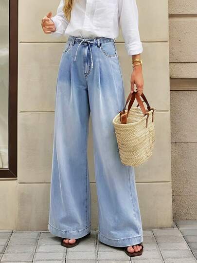 Selenza 女士优雅褶裥阔腿牛仔裤，夏季