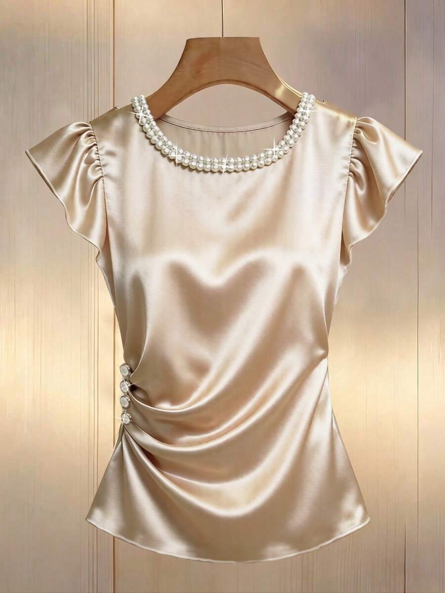 GlowEve CURVE Plus Size Women's Spring/Summer Solid Color Satin V-Neck Flattering Ruffle Trim Short Sleeve Gathered Elegant Versatile Blouse - Beige - View 1