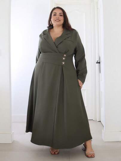 Pretty and Ole 大码女式褶裥翻领腰部收褶A字长袖连衣裙，饰有星星图案，优雅法式复古办公室通勤商务休闲街头风，百搭复古时尚秋冬连衣裙，适合派对、圣诞节、感恩节、新年等场合。