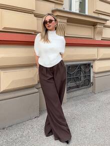 Jeta Ari Áo len nữ thanh lịch, dáng rộng, cổ đứng, tay ngắn, màu trắng/be, kiểu dáng oversized, áo chui đầu thời trang thu đông mới, đa năng, thích hợp cho mùa xuân. - Màu be - Xem 5