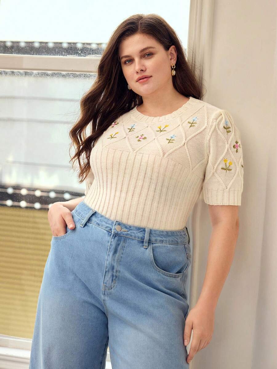 MOTF PREMIUM PLUS SIZE EMBROIDERED FLORAL KNIT FITTED PUFF SLEEVE KNIT TOP, SPRING/SUMMER - Beige - View 2