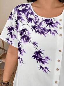 EMERY ROSE 2025 New Round Neck Plant Graphic Asymmetric Button Decor Casual Loose Plus Size Women Set - Purple - View 3