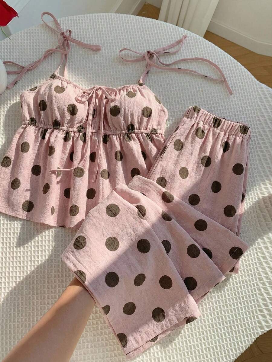 SHEIN EZwear 两件套休闲简约夏季多巴胺波点吊带背心和长裤套装，适合夏季、度假季，波点印花，杜卡迪波点，粉棕色波点。适合度假、旅行、派对、音乐节、返校季、毕业季。 - 彩色 - 查看 1