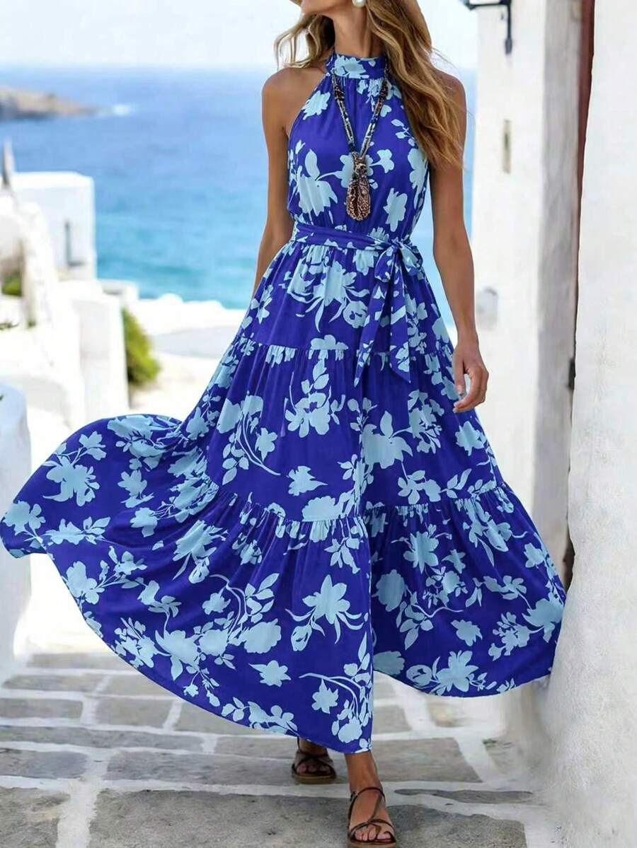 Breezaya Women's Light Blue Floral Summer Boho Halter Neck Maxi Dress,Allover Print Layered Hem Belted Elegant Long Holiday Vacation Outfits For Beach Resort - Royal Blue - View 1