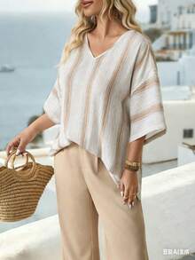 SHEIN Áo kiểu nữ dệt kim đơn giản, thích hợp cho mùa hè, phong cách thường ngày, nghỉ dưỡng. - Màu be - Xem 4