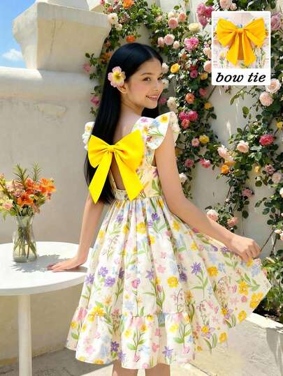 Elladie kids Đầm trẻ em gái tuổi teen kiểu dáng thời trang, không tay, có nơ trang trí, họa tiết in kỹ thuật số hình thỏ, thoải mái khi mặc hàng ngày, đi học, đi chơi, dự tiệc, mùa xuân và mùa hè.