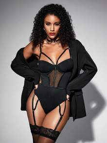 SHEIN Lưới ren hoa có dây rút Garter Bộ đồ liền thân & tất, đồ lót - màu đen - Xem 6