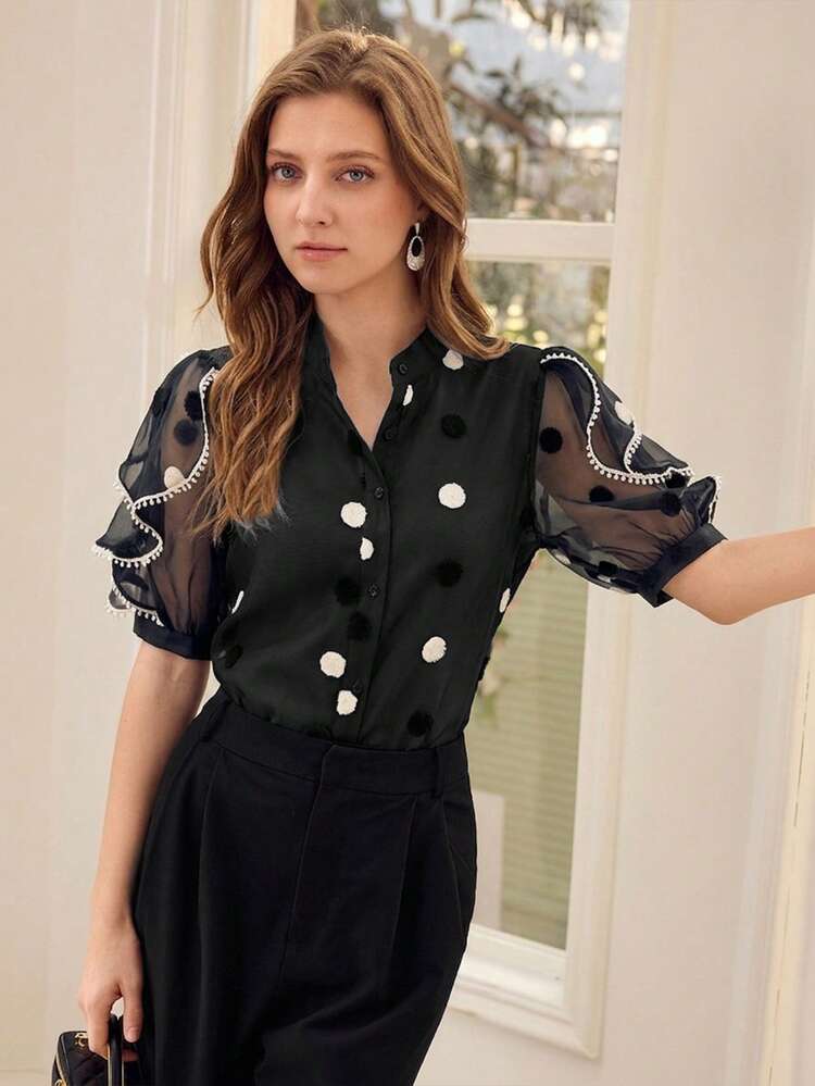 POLKA DOT PRINT SHEER PETAL SLEEVE BLOUSE FOR WOMEN