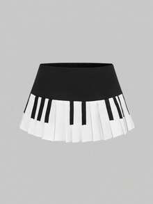 ROMWE Grunge Punk Váy mini xếp ly cổ điển hình bàn phím piano Y2K Millennium cho nữ cỡ lớn - Đen và trắng - Xem 5