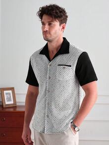Core Aspect Men's Black & White Patchwork Knit Textured Casual Short Sleeve Shirt - Black and White - View 5