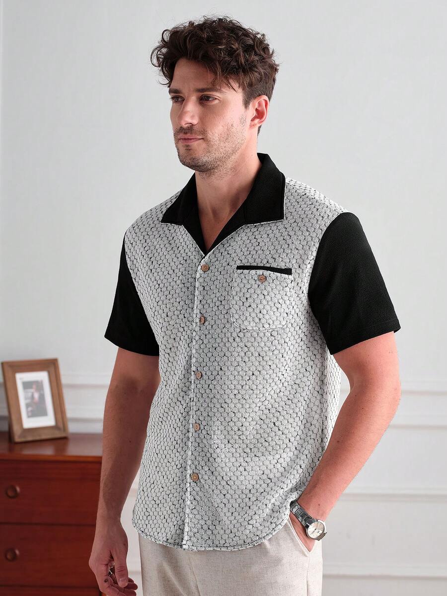 Core Aspect Camisa casual de manga corta con textura de punto de parches en blanco y negro para hombres