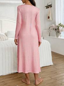 Moonlight&Mama Striped Print Buttoned V-Neck Long Sleeve Casual Maternity Nightgown - Dusty Pink - View 2