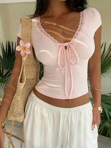 Sunnyshic Camiseta ajustada de mujer con cuello en V profundo y ribete de encaje en color rosa, para primavera/verano - Rosa - Ver 5