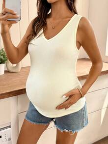 SHEIN Áo tank top cổ chữ V ôm sát dành cho bà bầu, thích hợp mặc hàng ngày vào mùa hè. - Màu vàng - Xem 4