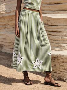 Maija Women's Vacation Casual Striped Hollow Floral Embroidery A-Line Skirt,Vacation Outfits Women Beach Vacation Green Striped Summer - Army Green - View 1
