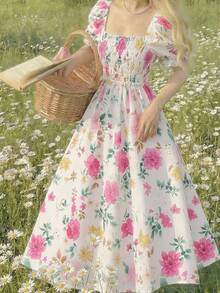 SHEIN Đầm maxi tay phồng in hoa, thắt eo, dành cho bé gái tuổi teen, ngọt ngào và thanh lịch, thích hợp cho kỳ nghỉ và mặc thường ngày, mùa xuân/hè. - Nhiều màu - Xem 2