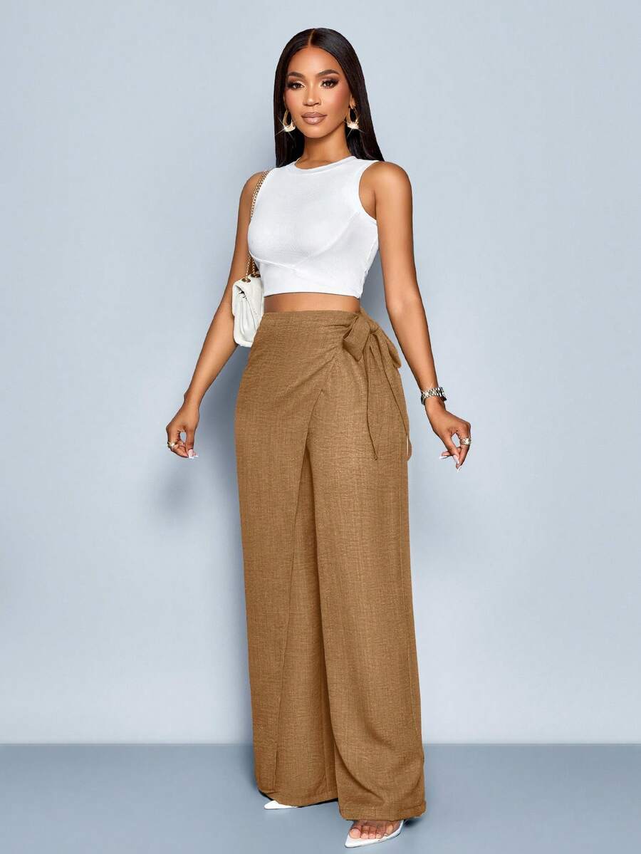 SOLERSUN Women's Linen-Like Belted High Waist Linen-Blend Tie Side Belted Wide Leg Pants - Khaki - View 1