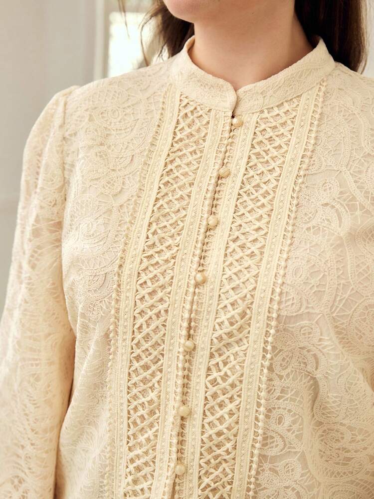 PLUS SIZE WOMEN SPRING/AUTUMN WHITE LACE COLLAR LONG SLEEVE BLOUSE