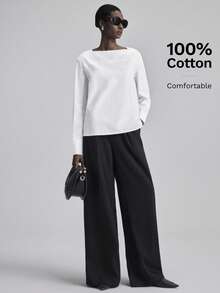 Ontre Áo nữ dài tay màu trắng dáng rộng thanh lịch tối giản 2026SS, trang phục thường ngày cho kỳ nghỉ. - trắng - Xem 3
