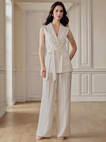 Anewsta Áo vest nữ tối giản thanh lịch, kèm thắt lưng, thích hợp cho đi làm, công sở và đi chơi. - Màu be - Xem 5