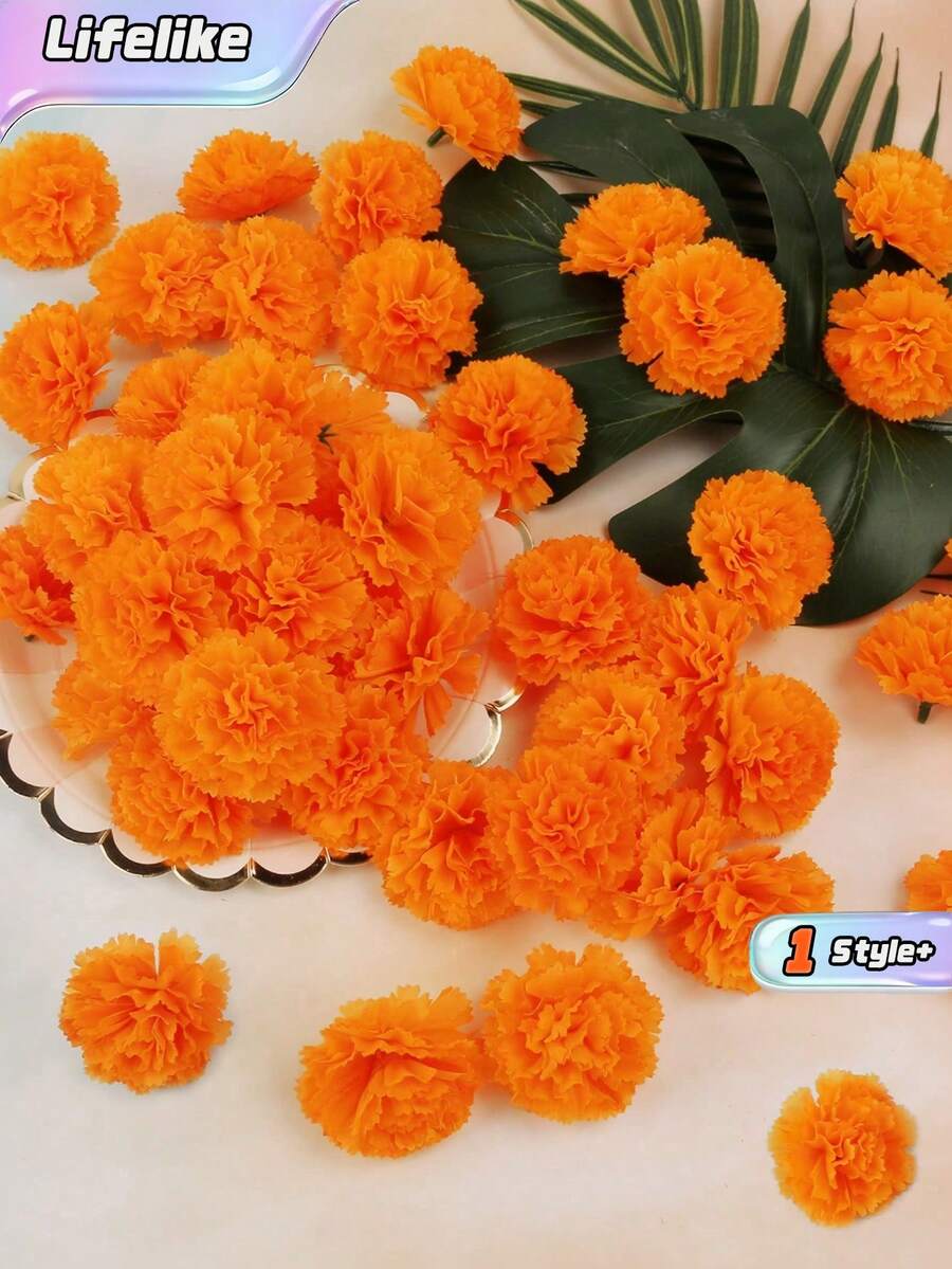 万寿菊花头、橙色塑料人造花、散装花头、万圣节人造康乃馨、亡灵节装饰、秋季、葬礼背景装饰、花束制作材料、墓地花圈、派对、生日和排灯节装饰、DIY花圈工艺品 - 橘色 - 查看 1