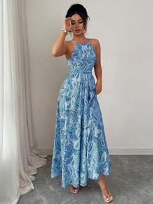 Elenzga Women's Sleeveless Halter Neck Waist Cinched Flared Printed Dress - Blue - View 6