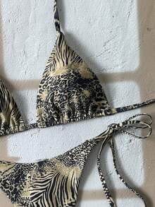 Swim Vcay Bộ bikini hở lưng, cổ yếm họa tiết da báo gợi cảm dành cho nữ, thích hợp cho kỳ nghỉ biển. - màu nâu - Xem 3