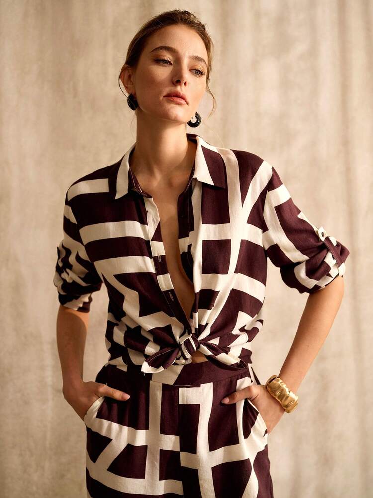 WOMEN'S SPRING/SUMMER RAYON LINEN BLEND GEOMETRIC PRINT COMFORTABLE LOOSE SHIRT