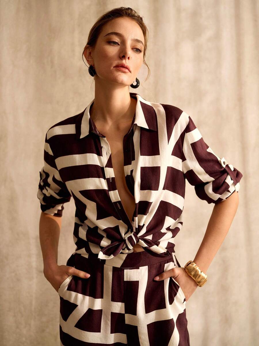 MOTF PREMIUM 女士春夏人造丝亚麻混纺几何印花舒适宽松衬衫 - 彩色 - 查看 1