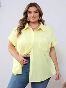 SHEIN CURVE+ 大码女式夏季衬衫，翻领宽松休闲短袖衬衫 - 黃色 - 查看 7