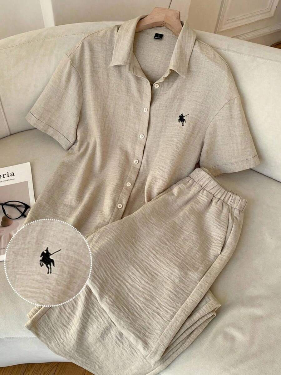 SHEIN EZwear Summer Women's Knight Pattern Short Sleeve Single-Breasted Shirt And Light Khaki Woven Casual Pants Set Business Casual Outfit Women - Khaki - View 1