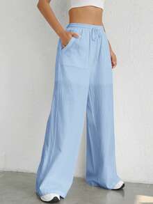 SHEIN Tall CURVE Plus Size Drawstring Waist Wide Leg Pants Fall - Baby Blue - View 5