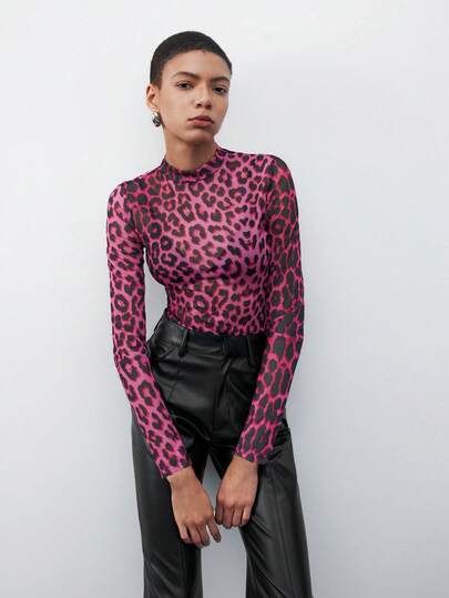Maija Mock Neck Leopard Mesh Top Without Bra Top Beach Summer Holiday Beach Vacation Summer Going Out Graduation Autumn Halloween