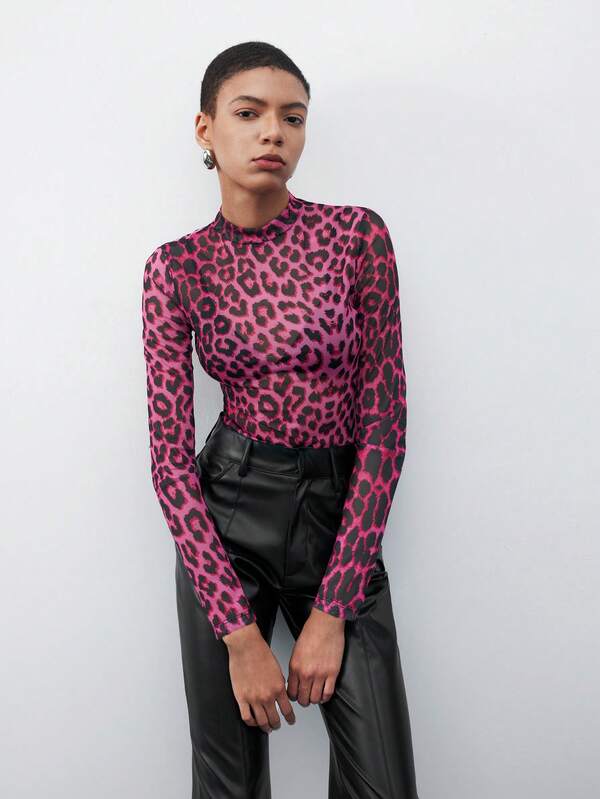 Maija Top de malla con estampado de leopardo y cuello alto sin sujetador, ideal para fiestas de San Patricio, Pascua, vacaciones de verano en la playa, salidas y graduaciones