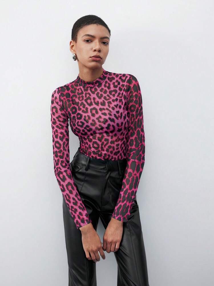 SHEIN Maija Mock Neck Leopard Mesh Top Without Bra St Patrick's Day Easter Party Top Beach Summer Holiday Beach Vacation Summer Going Out Graduation