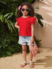 SHEIN LMoss Kids 女童纯色圆领荷叶边休闲衬衫 - 紅色 - View 4