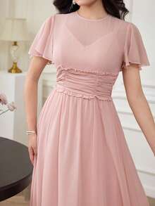 Modelyn Women's Ruched Waist Pleated Chiffon Swing Dress With Flounce Sleeves, Pink, Suitable For Spring/Summer Vacation - Pink - View 3