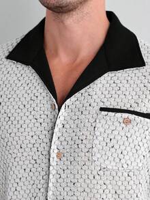 Core Aspect Men's Black & White Patchwork Knit Textured Casual Short Sleeve Shirt - Black and White - View 7