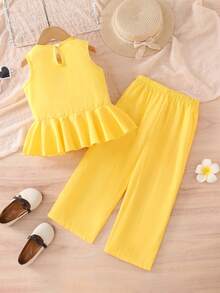 2pcs/Set Tween Girls Textured Cotton Sleeveless Ruffle Hem Top And Wide Leg Pants, Comfortable Casual Fashion Yellow Set - Yellow - View 2
