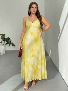 Firerie Women's Plus Size White Summer Elegant Vacation Holiday Beach Spaghetti Strap Twist Front Loose Maxi A-Line Pleated Tie Dye Floral Print Dress - Yellow - View 1