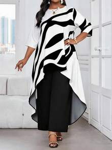 SHEIN Lady 2025新款女装两件套加大码商务通勤撞色印花不对称下摆上衣和裤子套装优雅夏季度假女装加大码两件套女装秋季女装 - 彩色 - 查看 5