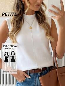 SHEIN LUNE Petite 女士休闲宽松优雅通勤绗缝无袖上衣，小立领设计，适合春夏休闲穿着，可搭配牛仔裤，是女士基础款上衣，也是女士流行穿搭，夏季女士上衣，娇小女装，商务休闲娇小女装，娇小女装，娇小女装上衣，娇小女装，娇小女装上衣，XXS码娇小女装上衣 - 白色 - 查看 1