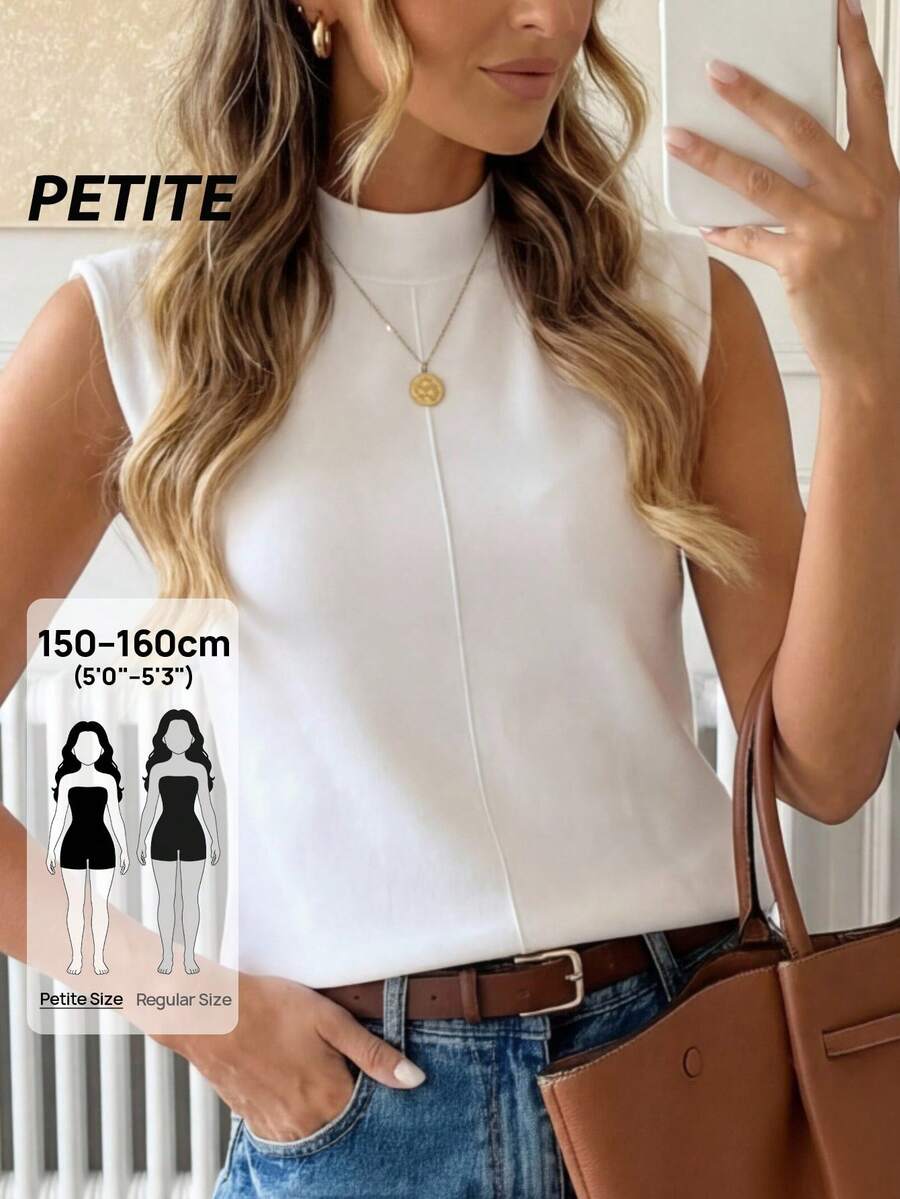 SHEIN LUNE Petite 女士休闲宽松优雅通勤绗缝无袖上衣，小立领设计，适合春夏休闲穿着，可搭配牛仔裤，是女士基础款上衣，也是女士流行穿搭，夏季女士上衣，娇小女装，商务休闲娇小女装，娇小女装，娇小女装上衣，娇小女装，娇小女装上衣，XXS码娇小女装上衣 - 白色 - 查看 1